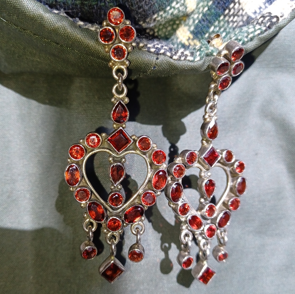 Heart 925 Garnet Chandelier Earrings